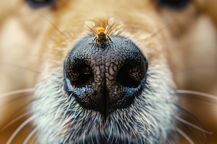 Biene sitzt auf Hundeschnauze