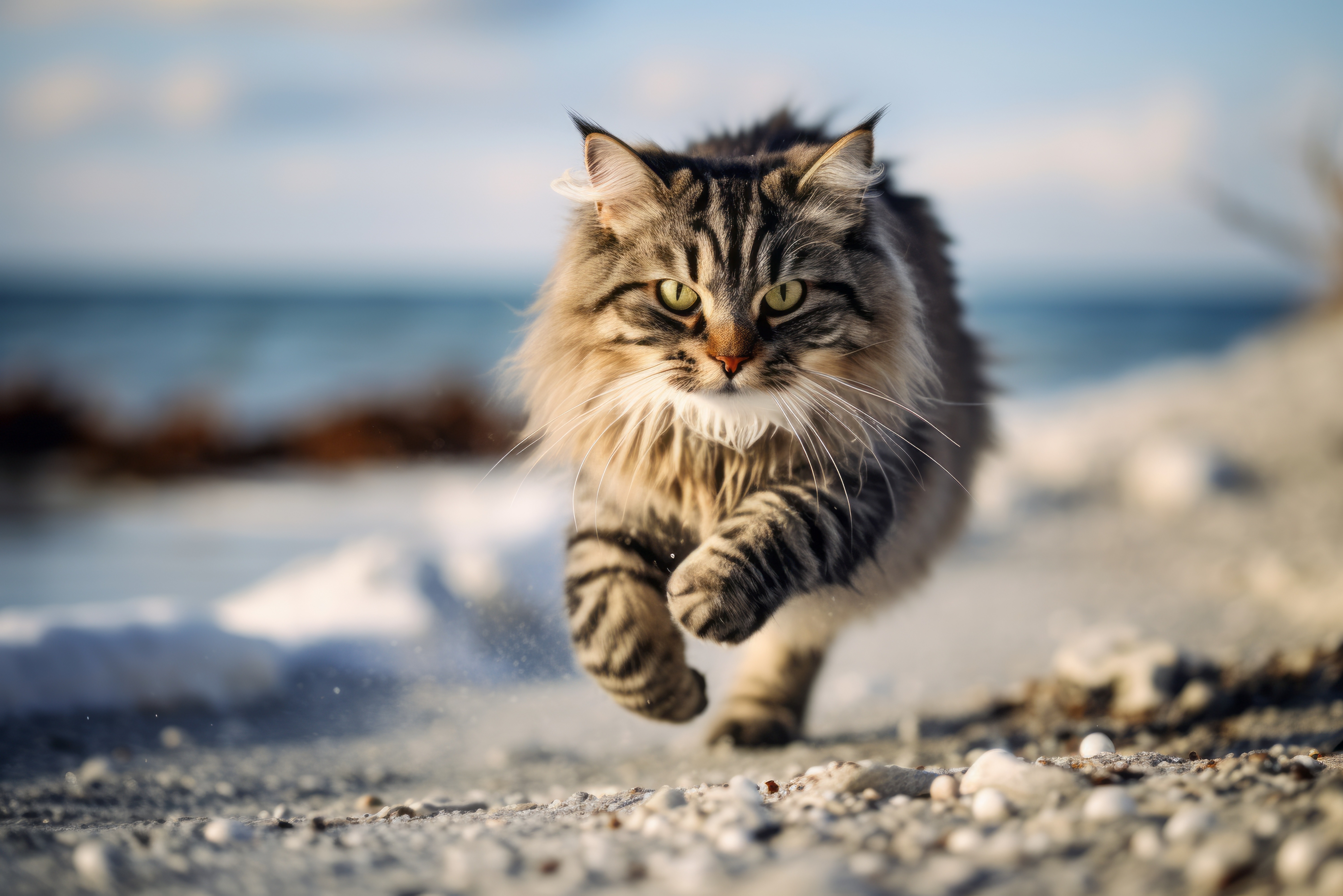 Eine Sibirische Katze läuft schnell am Strand entlang und genießt die frische Meeresluft.